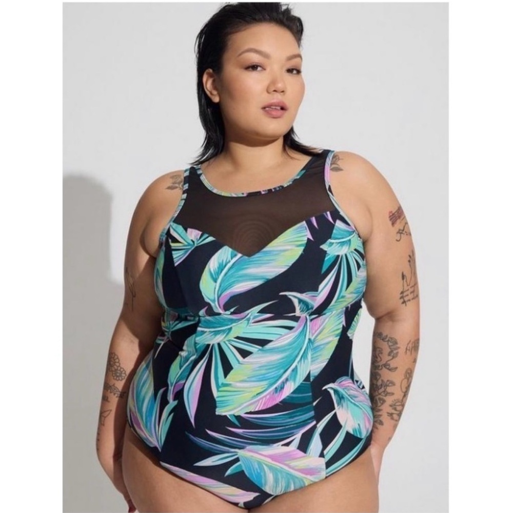 torrid Black Tropical Leaf One-Piece Swimsuit with Mesh Yoke